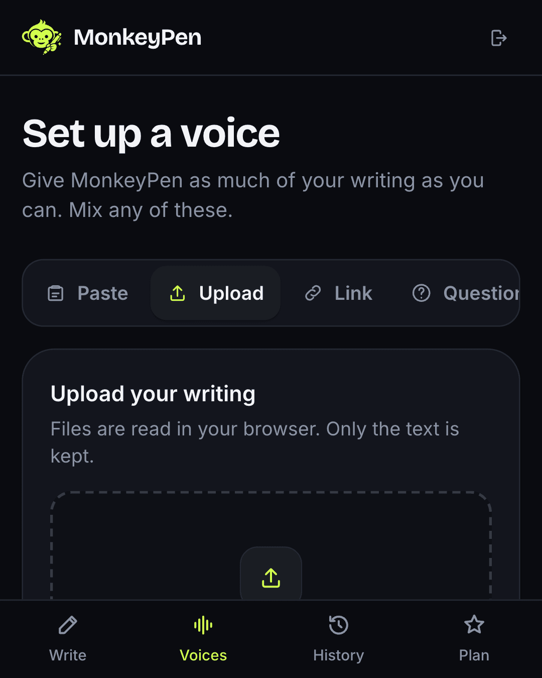 The MonkeyPen dashboard: setting up a voice by uploading sent emails